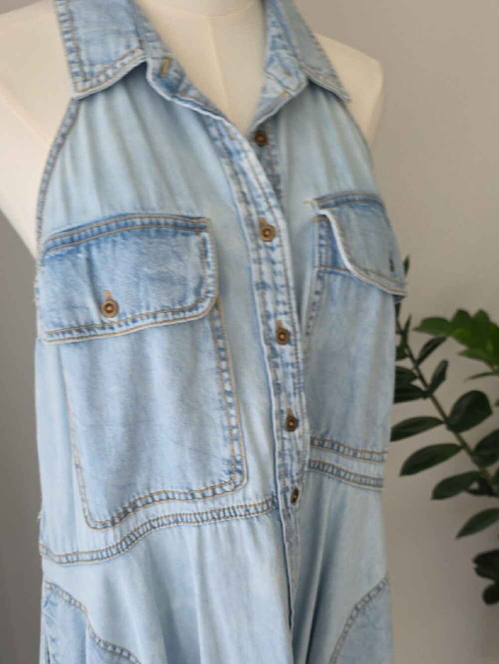 Anthropologie Sleeveless Light Wash Denim Dress - Light Blue - Picture 3 of 11
